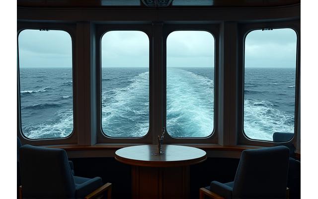 View from a ship's bridge showing rough seas through a window