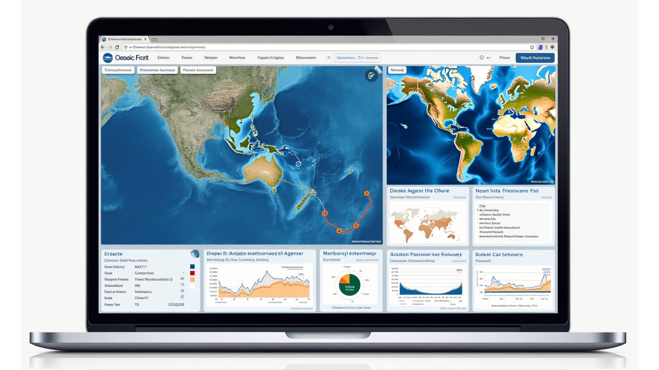 Annotated screenshot of Oceanic Front client dashboard showing weather maps and data